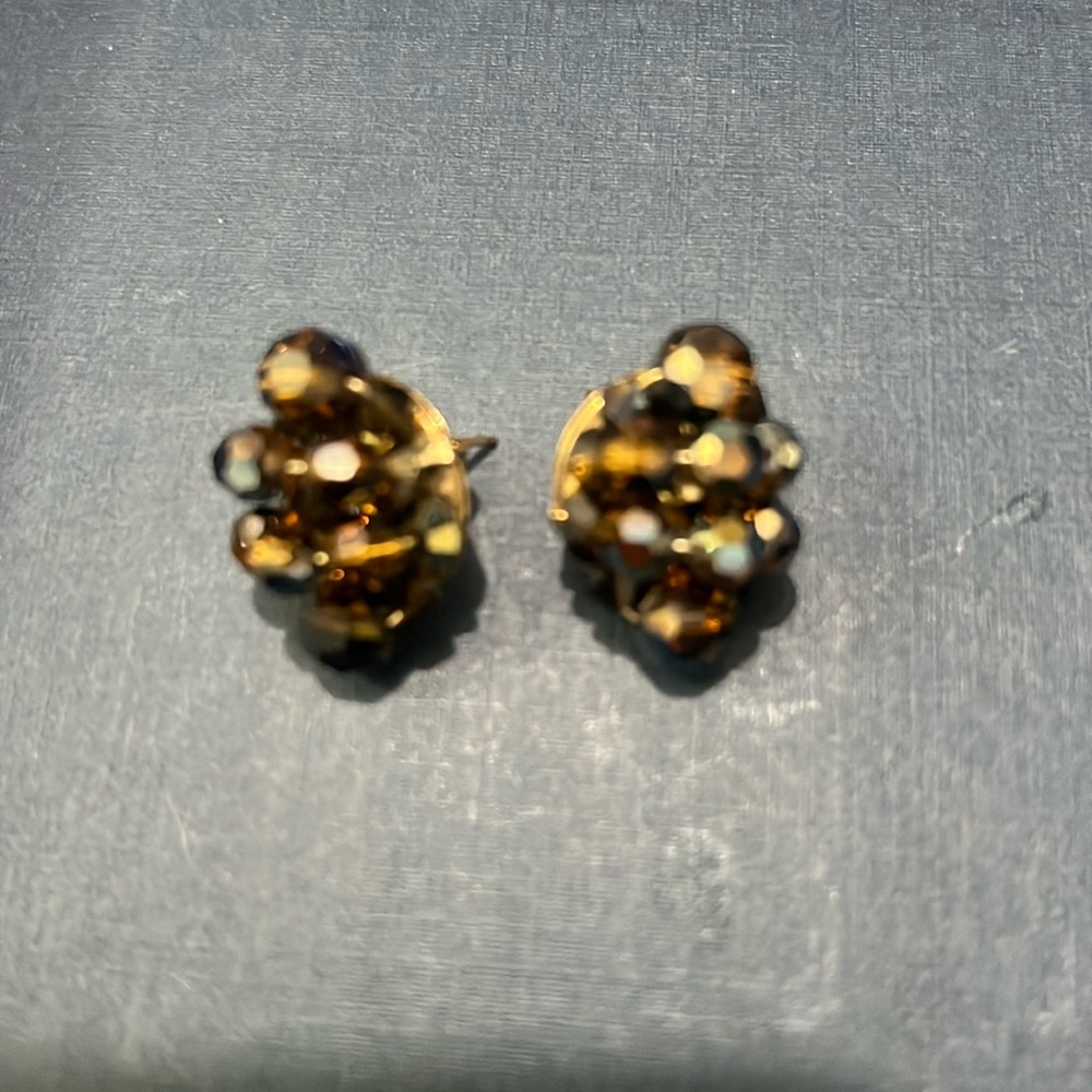 1950's Signed Sherman Brown Crystal Opale Screw Back Earrings